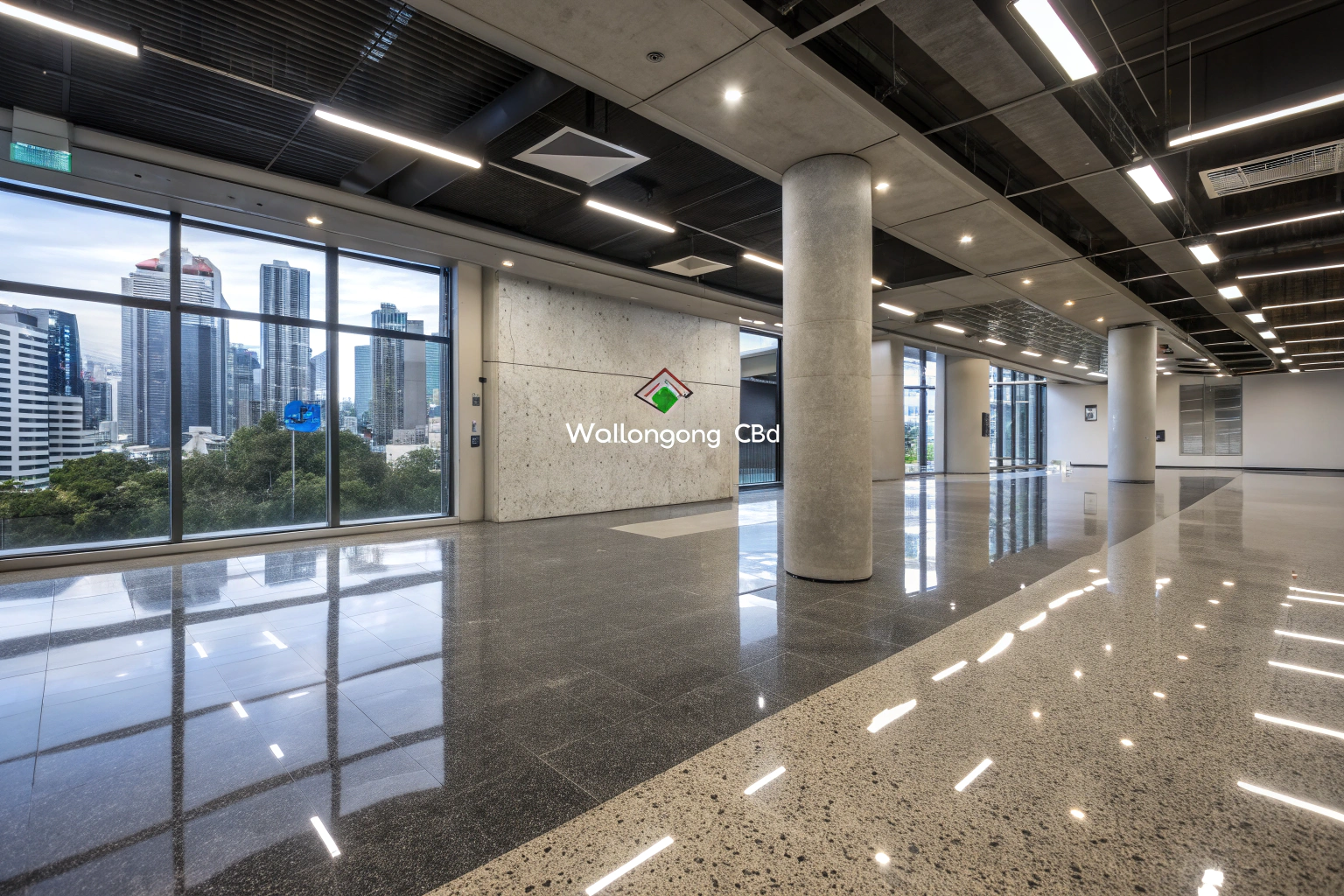 Modern commercial office space in Wollongong CBD with sleek epoxy flooring