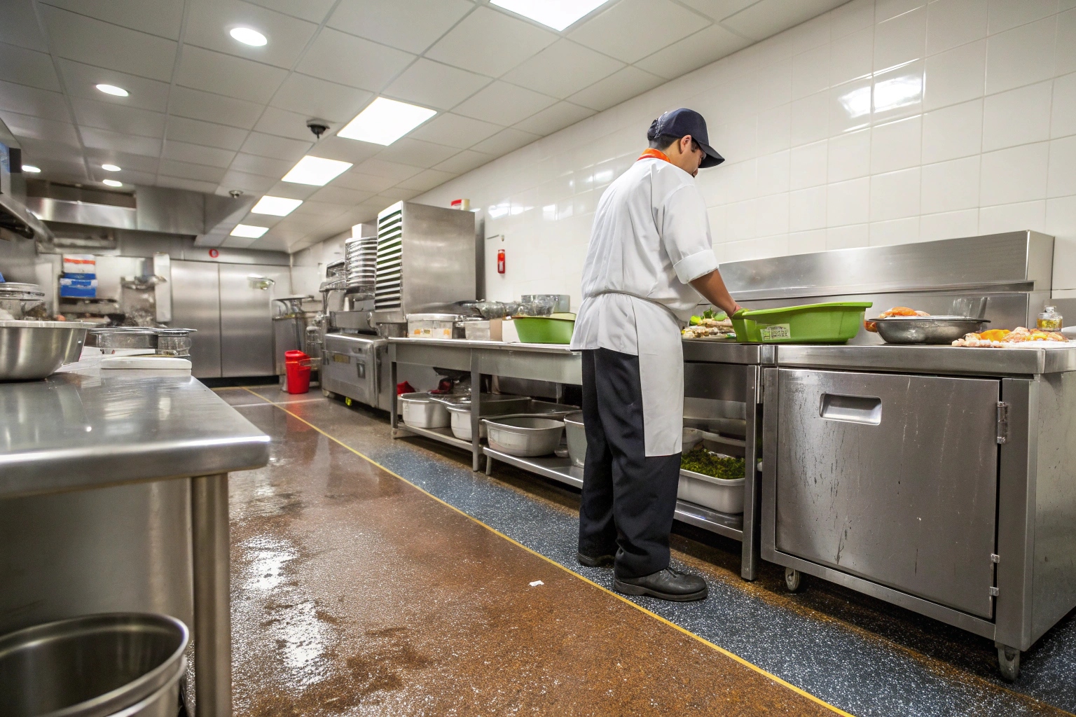 Professional non-slip epoxy coating in commercial kitchen providing safe footing