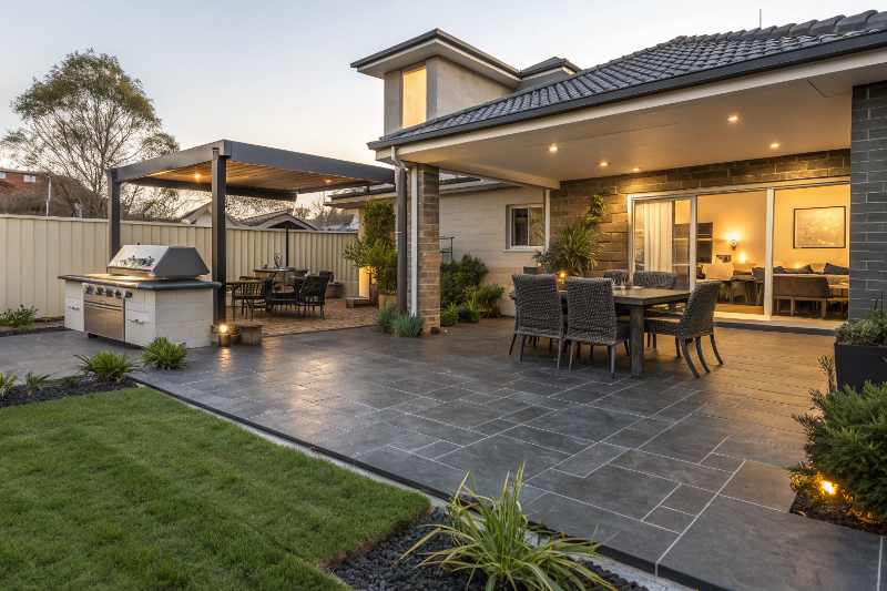 finished-epoxy-patio-entertainment-area Completed epoxy coated patio with outdoor furniture and BBQ area in Australian suburban backyard
