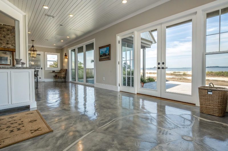 Metallic epoxy flooring in Wollongong beachfront home entrance with seamless sand-resistant surface and ocean view