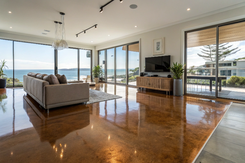 metallic-epoxy-flooring-wollongong-living-room Stunning metallic epoxy flooring installation in Wollongong luxury home living room with bronze shimmer effects
