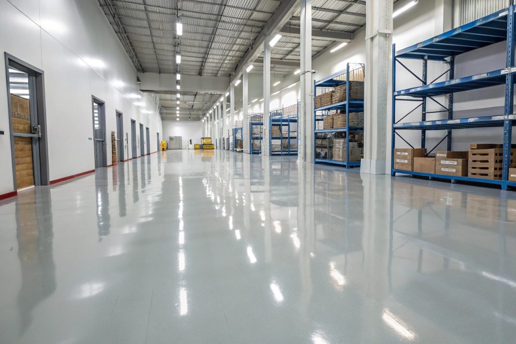 Commercial warehouse with professional epoxy flooring installation by Wollongong flooring contractors