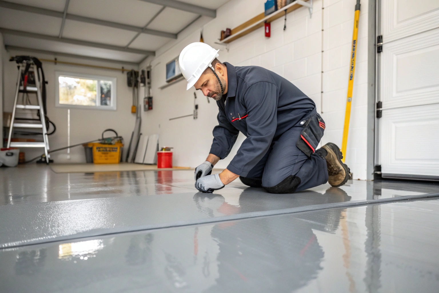 Professional flooring contractor inspecting high-quality epoxy garage floor installation in Wollongong home