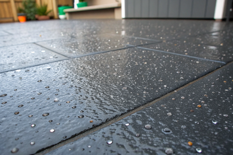 Close-up of textured epoxy patio coating showing slip-resistant aggregates and water beading on surface