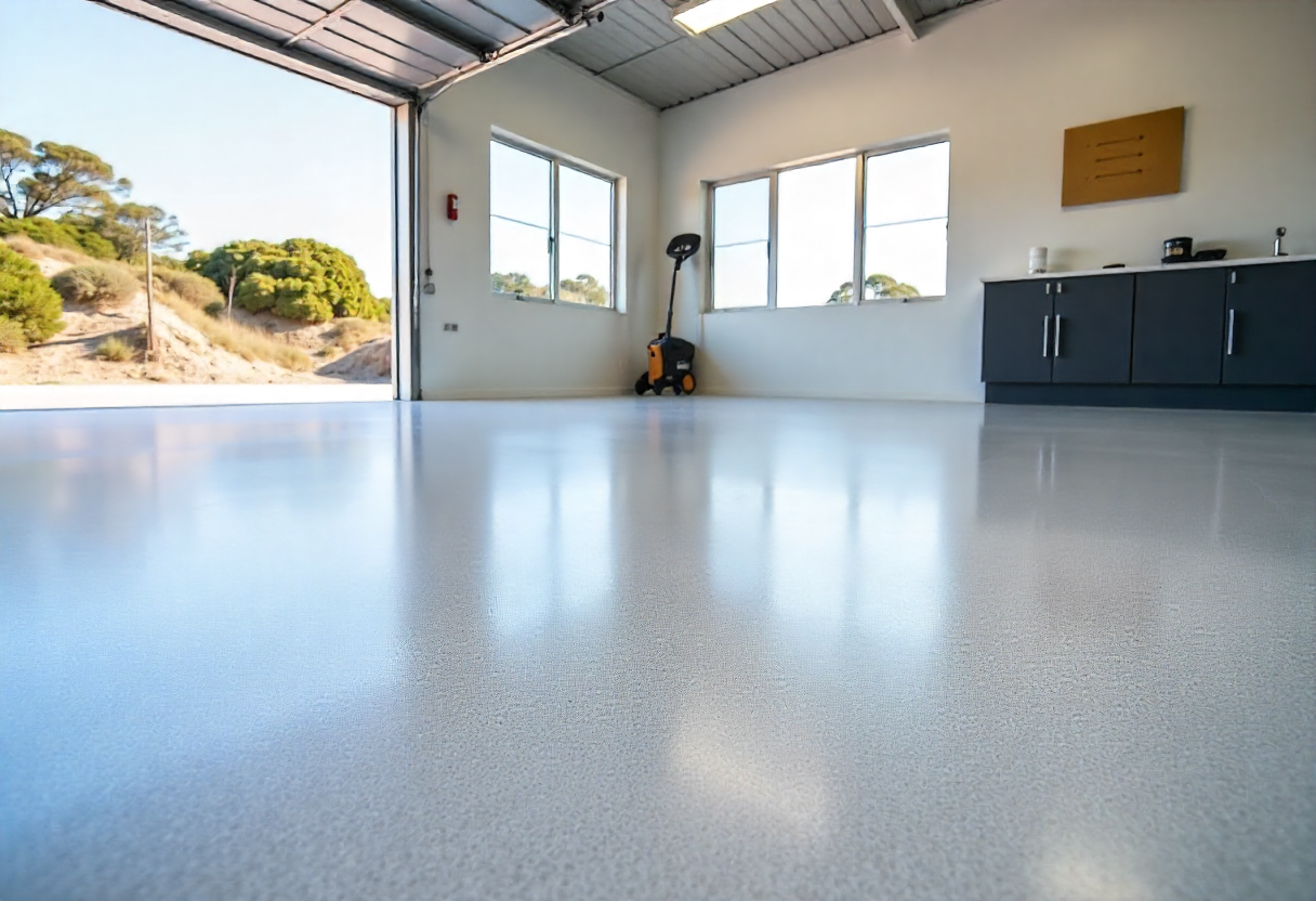 Contemporary Windang NSW coastal home with high-gloss metallic epoxy floor reflecting natural seaside light