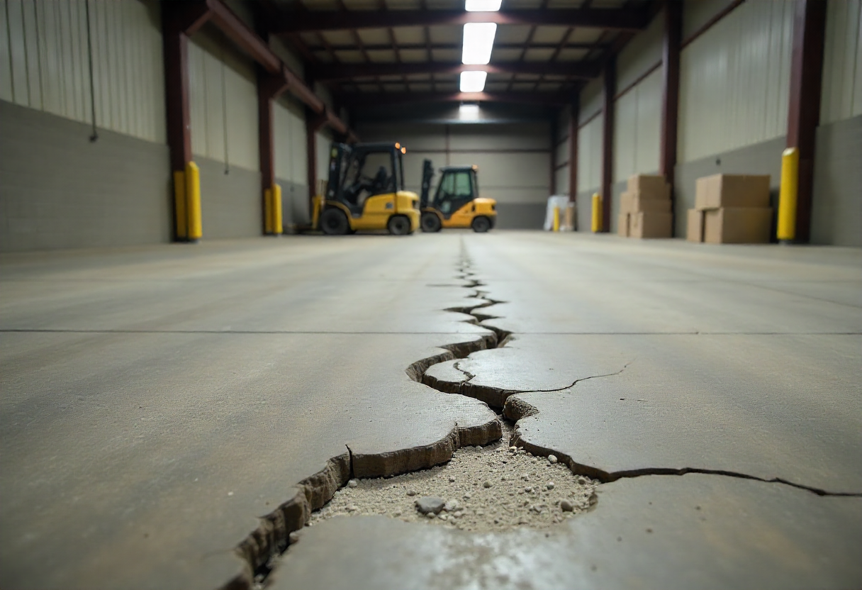 Damaged concrete floor in Port Kembla industrial warehouse with cracks, spalling, and forklift tire mark Damaged concrete floor in Port Kembla industrial warehouse with cracks, spalling, and forklift tire marks.