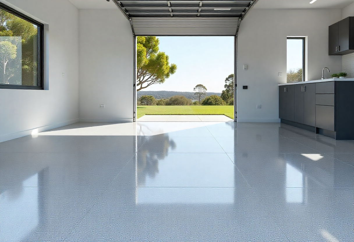 Modern Flinders Shellharbour home with high-gloss metallic epoxy floor in silver-grey tones and bright coastal lighting.