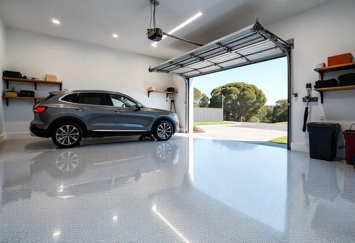 Modern coastal Australian garage with metallic silver epoxy floor, luxury SUV, and bright natural lighting. Modern coastal Australian garage with metallic silver epoxy floor, luxury SUV, and bright natural lighting.