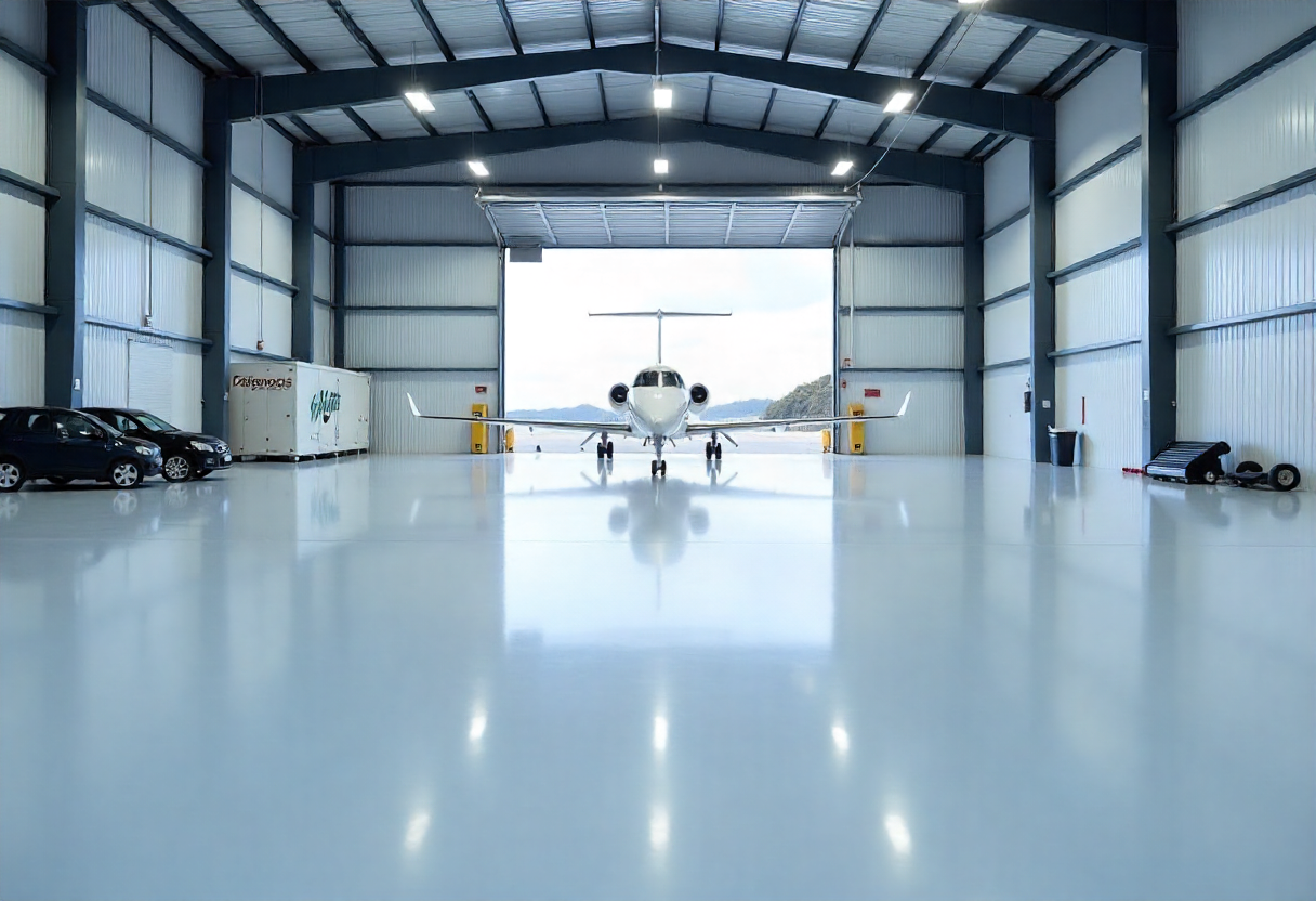 Professional aircraft hangar epoxy flooring installation in Wollongong