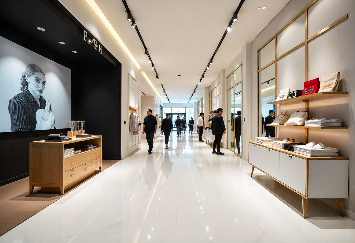 Upscale retail boutique interior in Wollongong with stunning white marble effect epoxy flooring