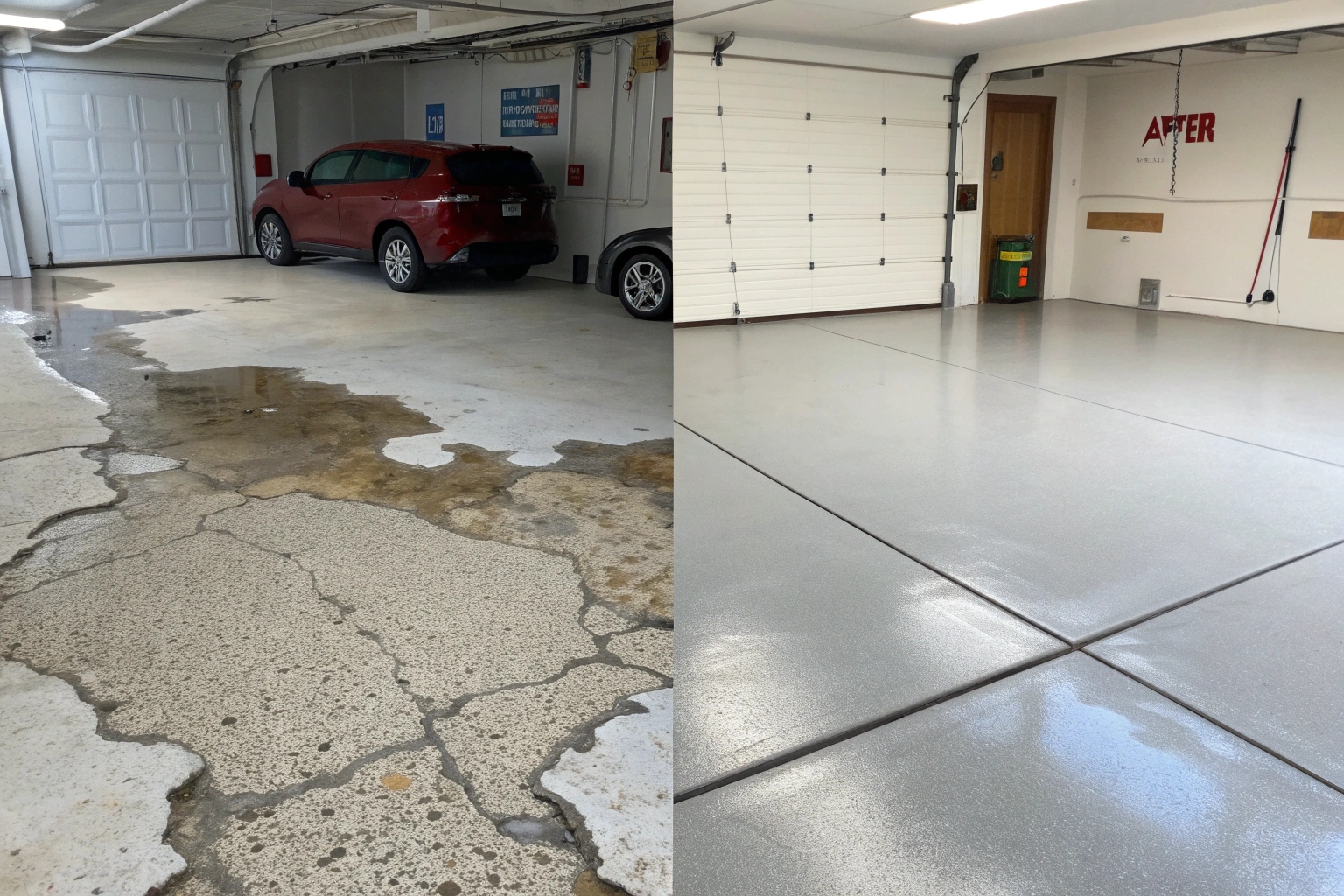Before and after old epoxy floor removal showing surface restoration in Wollongong home