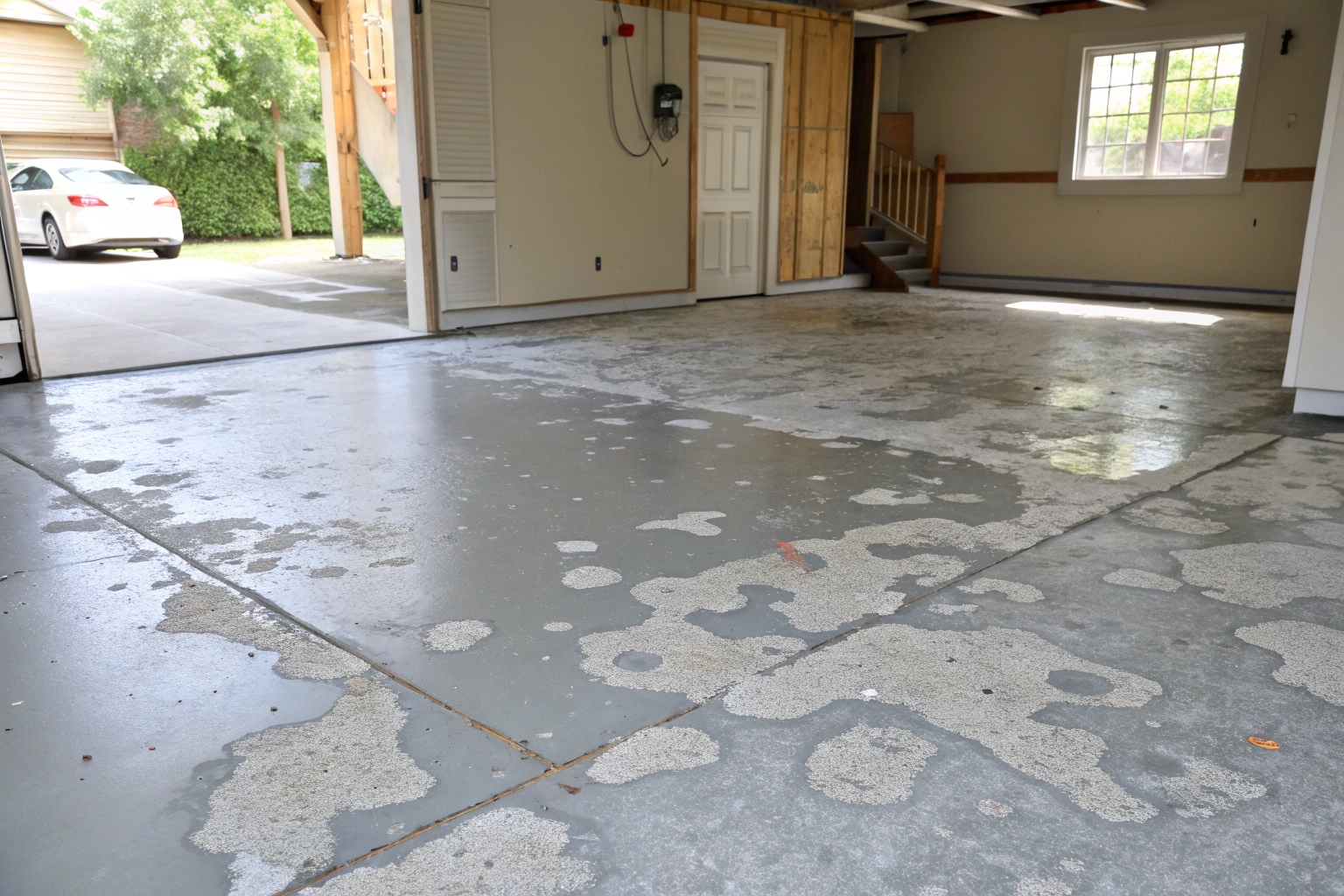 a-residential-garage-floor-with-visible-peeling-an Peeling epoxy floor in Wollongong garage showing common coating failure
