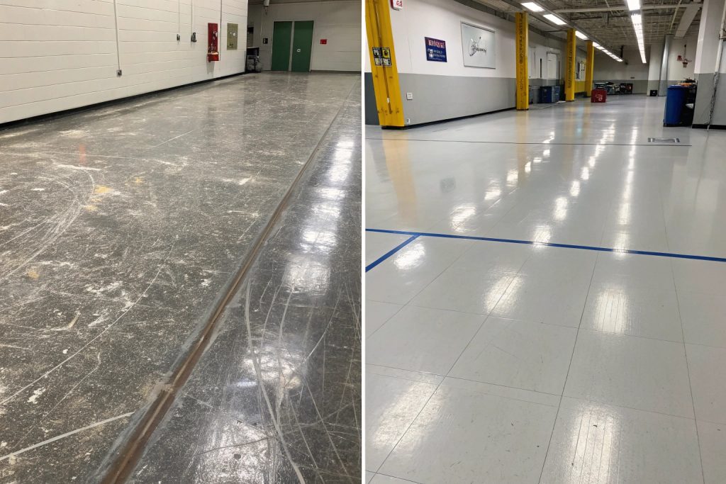 Before and after epoxy floor chip and scratch repair results Wollongon