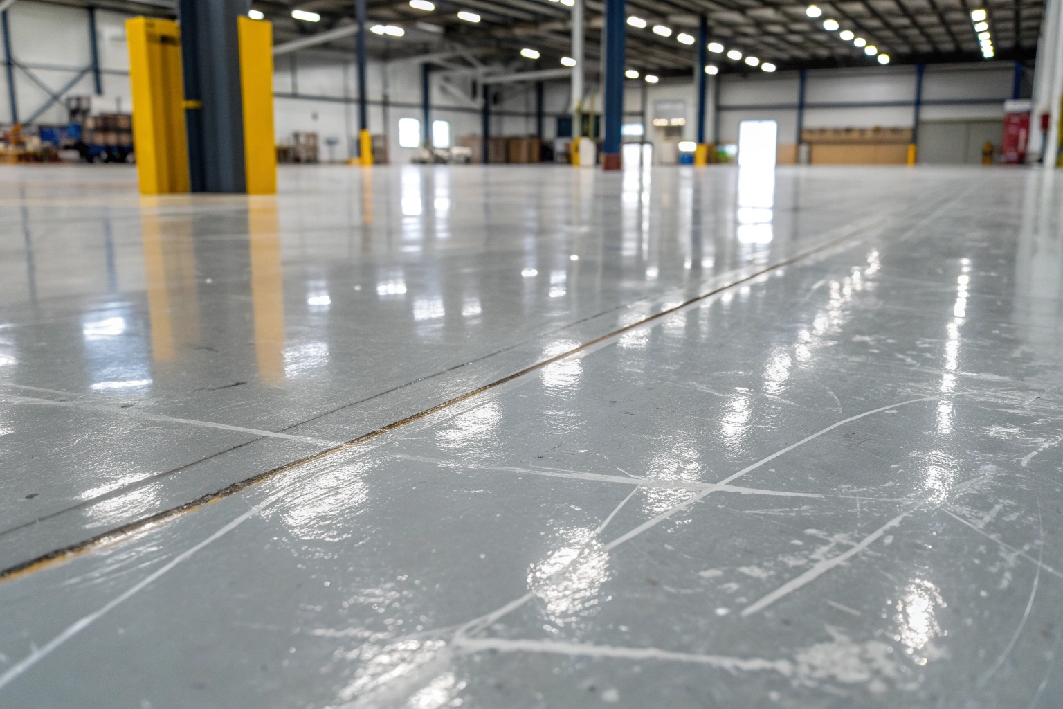 Damaged epoxy floor with chips and scratches in Wollongong warehouse needing repair