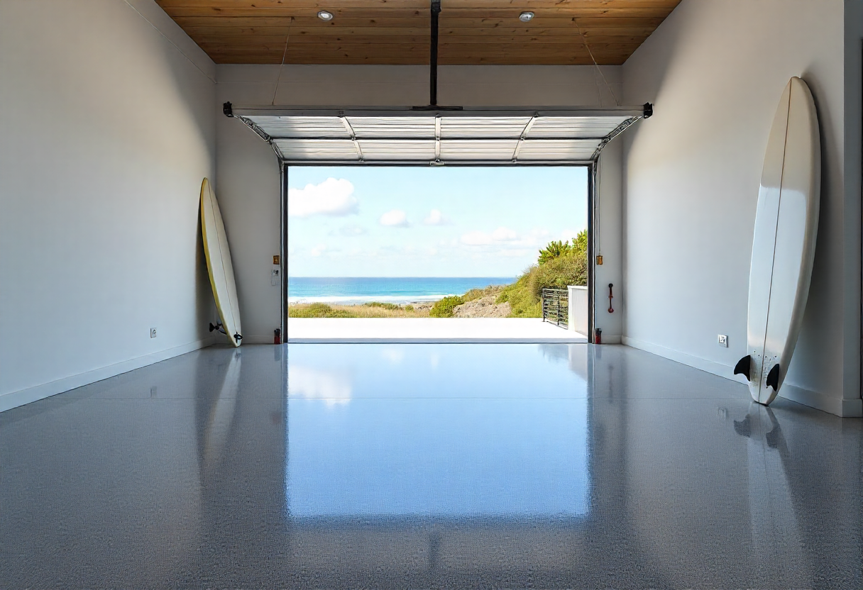 Professional epoxy flooring in a modern Australian coastal garage