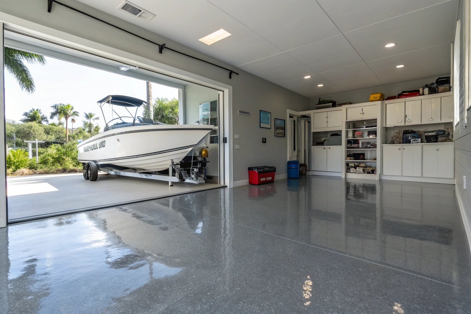 Professional epoxy flooring in Barrack Point boat garage with marine-grade coating