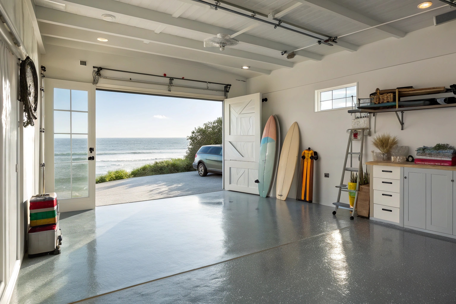 Coastal garage with epoxy floor coating in Scarborough NSW beach house