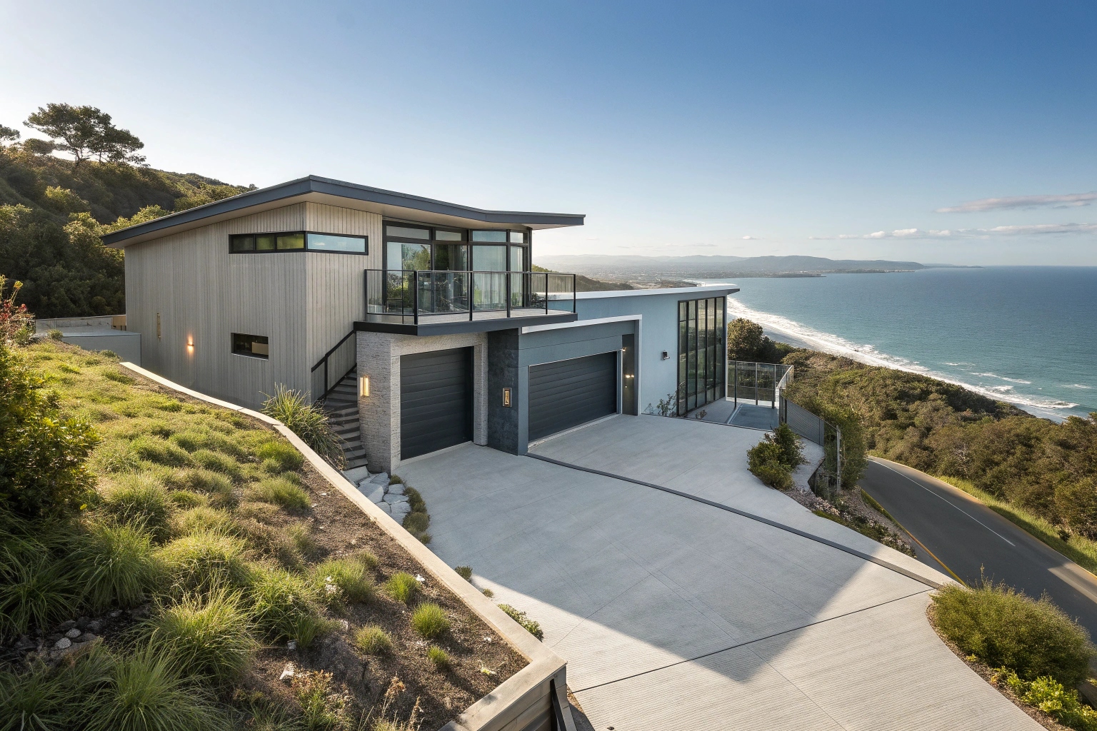 Epoxy garage floor on elevated Stanwell Tops property with coastal views