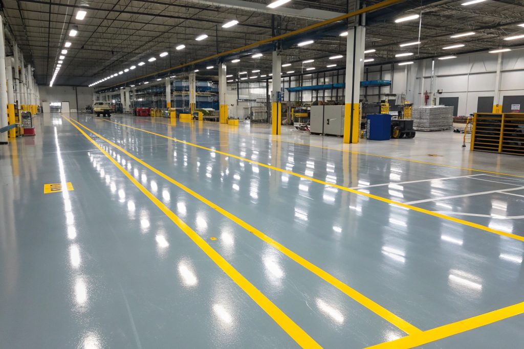 Commercial grade epoxy flooring with safety line marking in Coniston factory