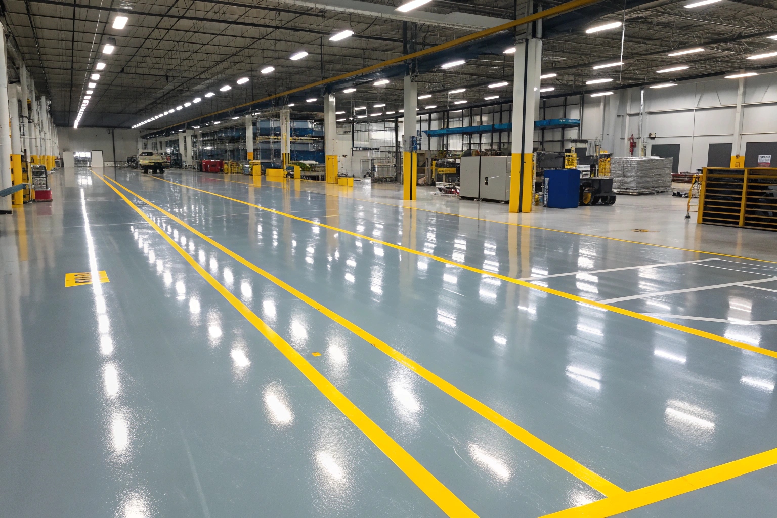 Commercial grade epoxy flooring with safety line marking in Coniston factory