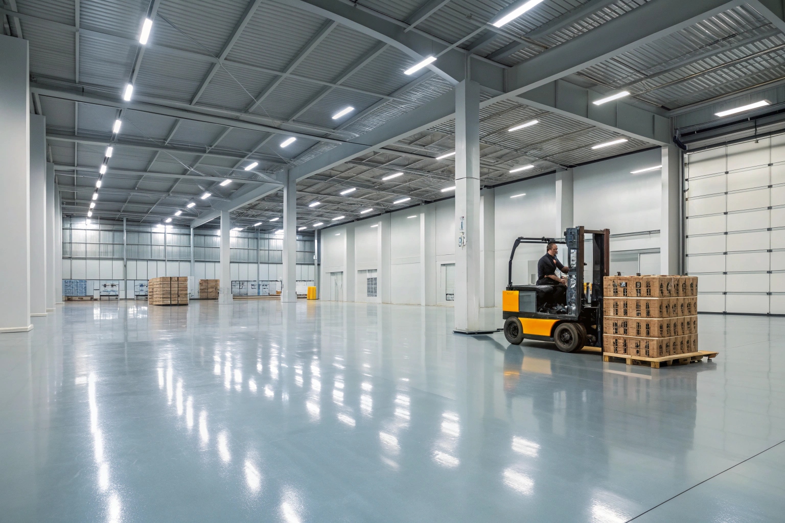 Industrial warehouse with epoxy flooring and forklift in Coniston
