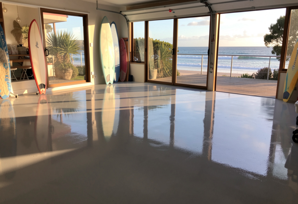 A freshly installed glossy epoxy garage floor 