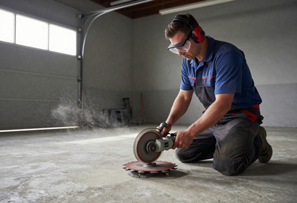 A professional tradesman in work gear operating a diamond grinding machine 