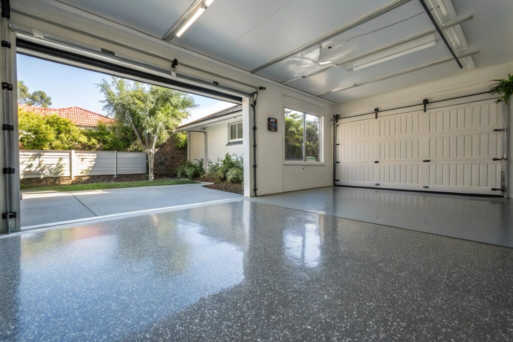 Epoxy garage floor coating in coastal Berkeley home with glossy finish and open roller door