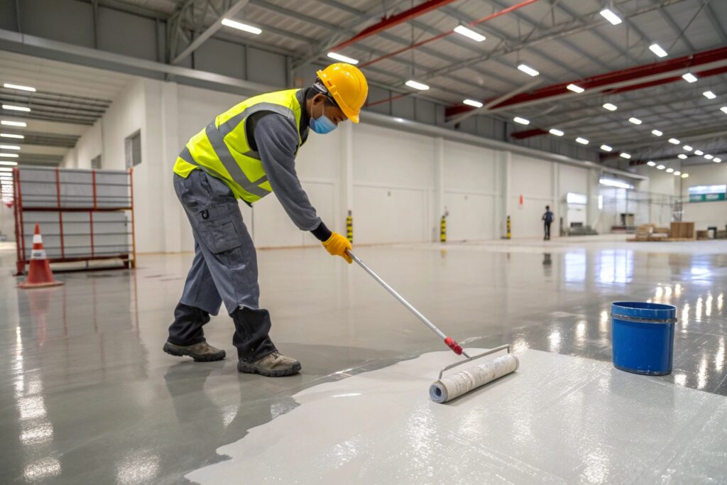 Epoxy flooring contractor applying coastal-grade coating to a concrete warehouse floor in Wollongong