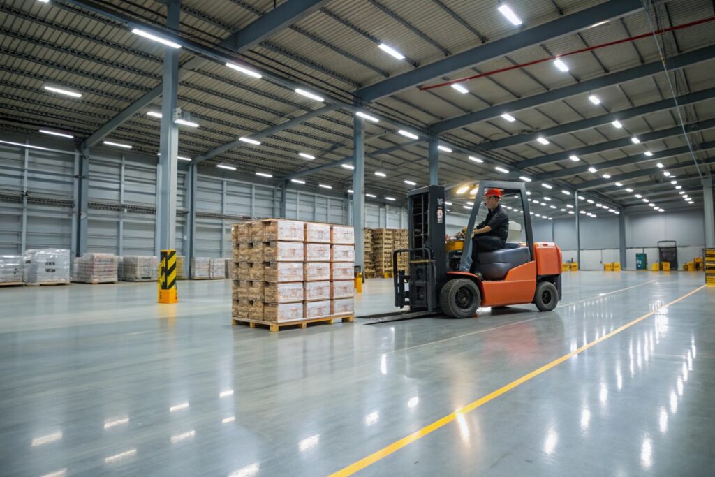 Heavy duty epoxy flooring in Port Kembla warehouse with forklift traffic