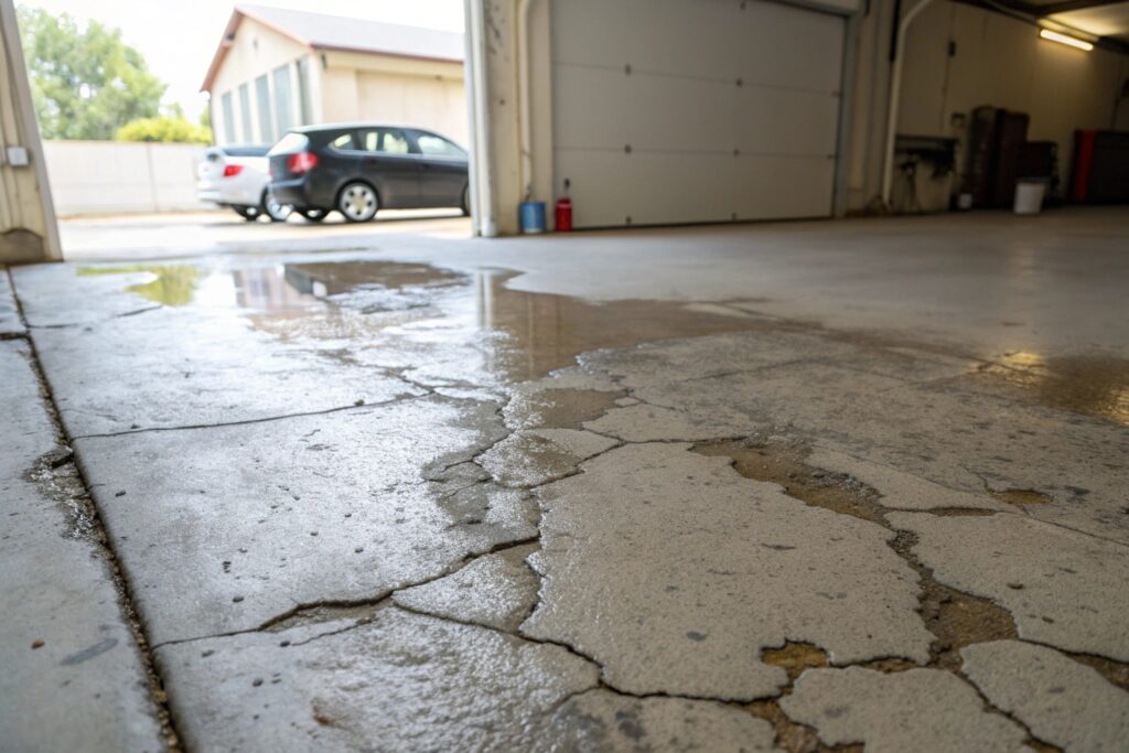 Failed DIY epoxy garage floor showing peeling and moisture damage