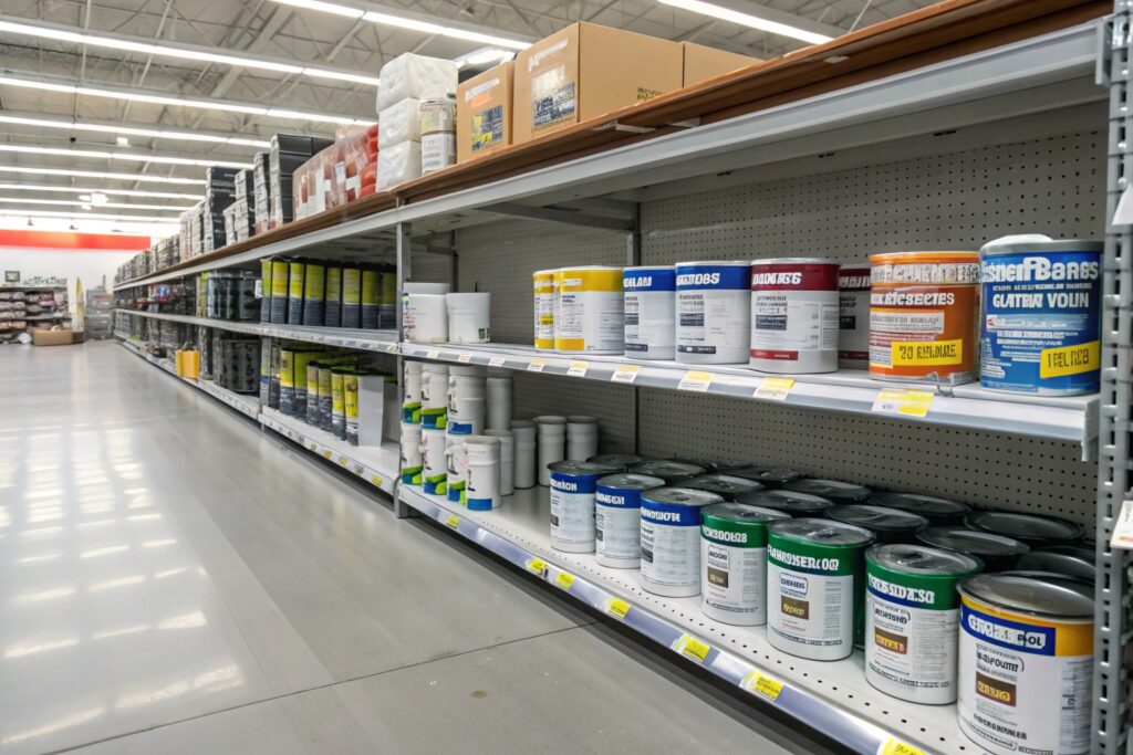 DIY epoxy floor coating kits on hardware store shelf