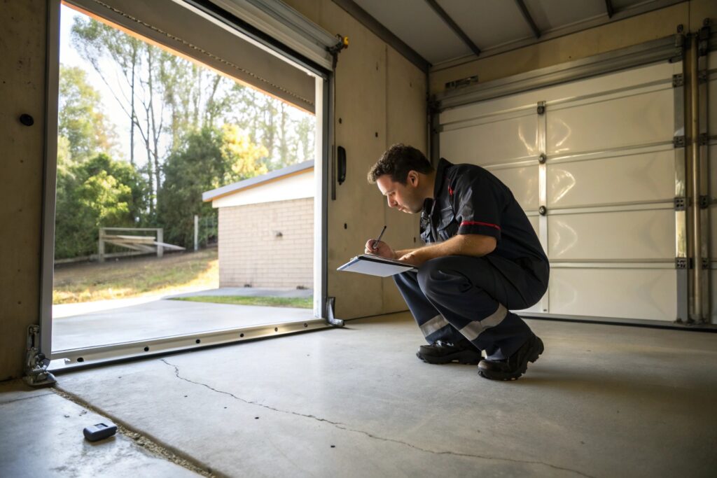 Epoxy flooring installer assessing concrete slab moisture levels before installation in Berkeley garage