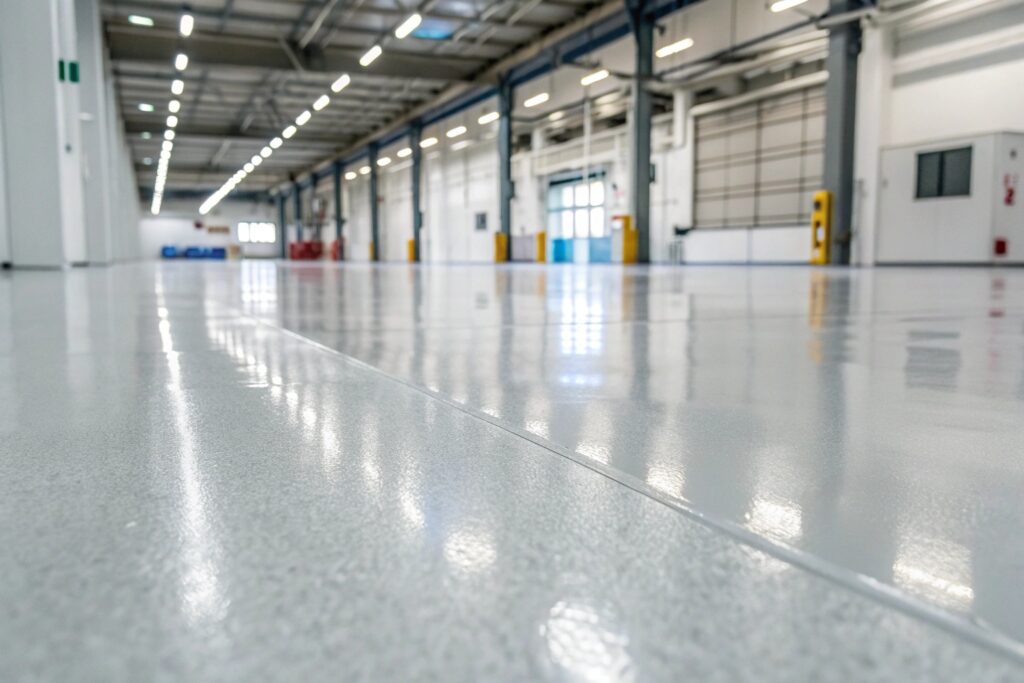 High-gloss epoxy floor coating with salt-resistant finish in a coastal industrial facility