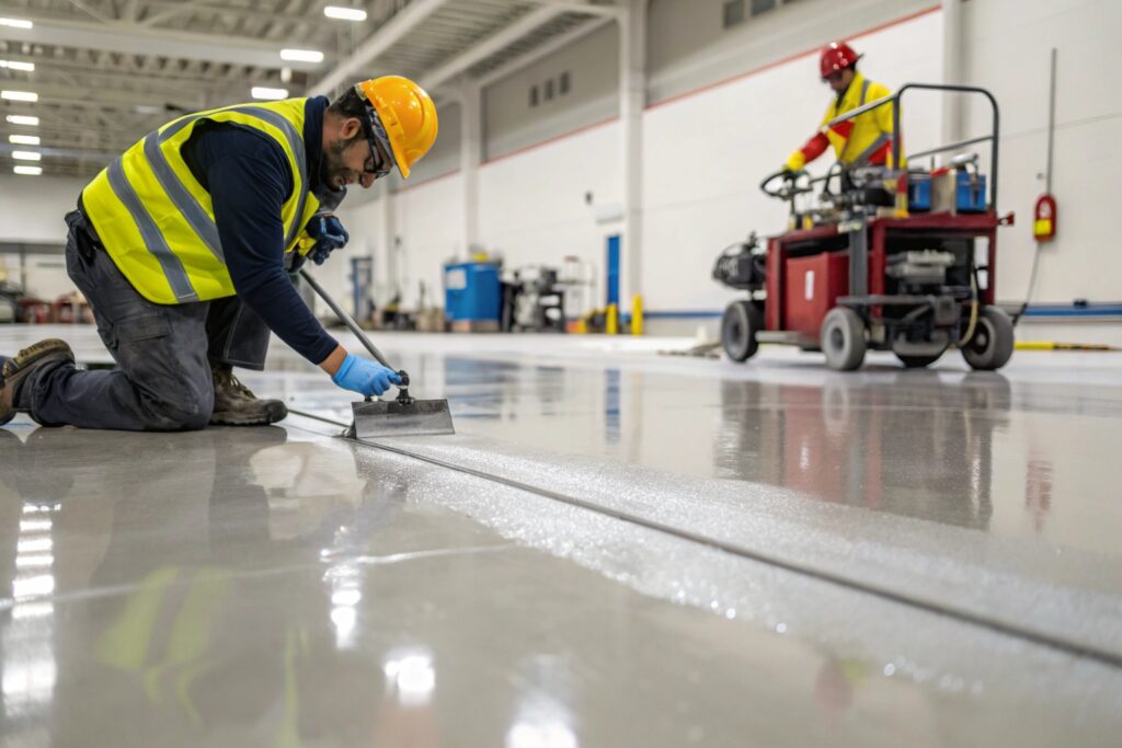 Adhesion pull-off testing on painted concrete floor before epoxy installation