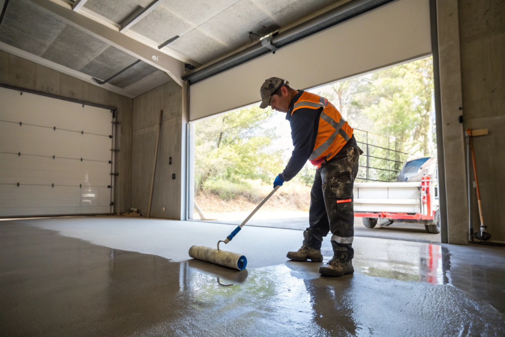 tradie applying moisture tolerant epoxy primer to garage floor in coastal Wollongong suburb