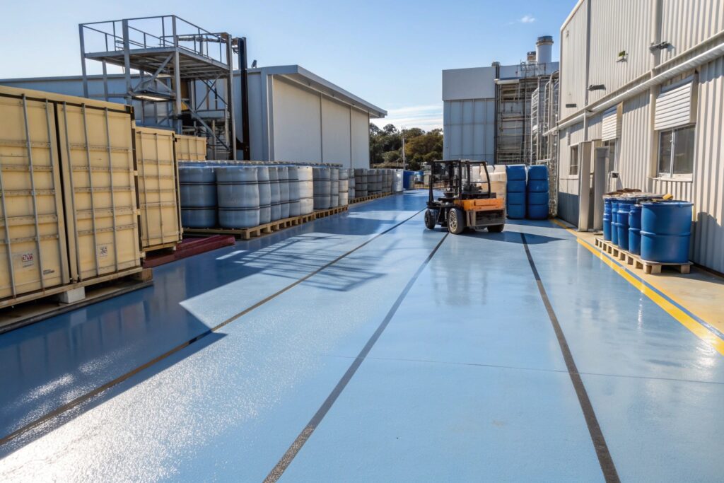 Industrial epoxy floor coating inside a Port Kembla warehouse facility with roller door open