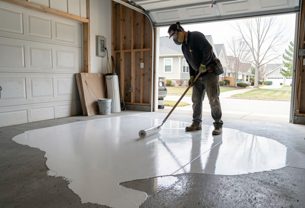 tradesperson in protective gear rolling a clear epoxy primer coat 