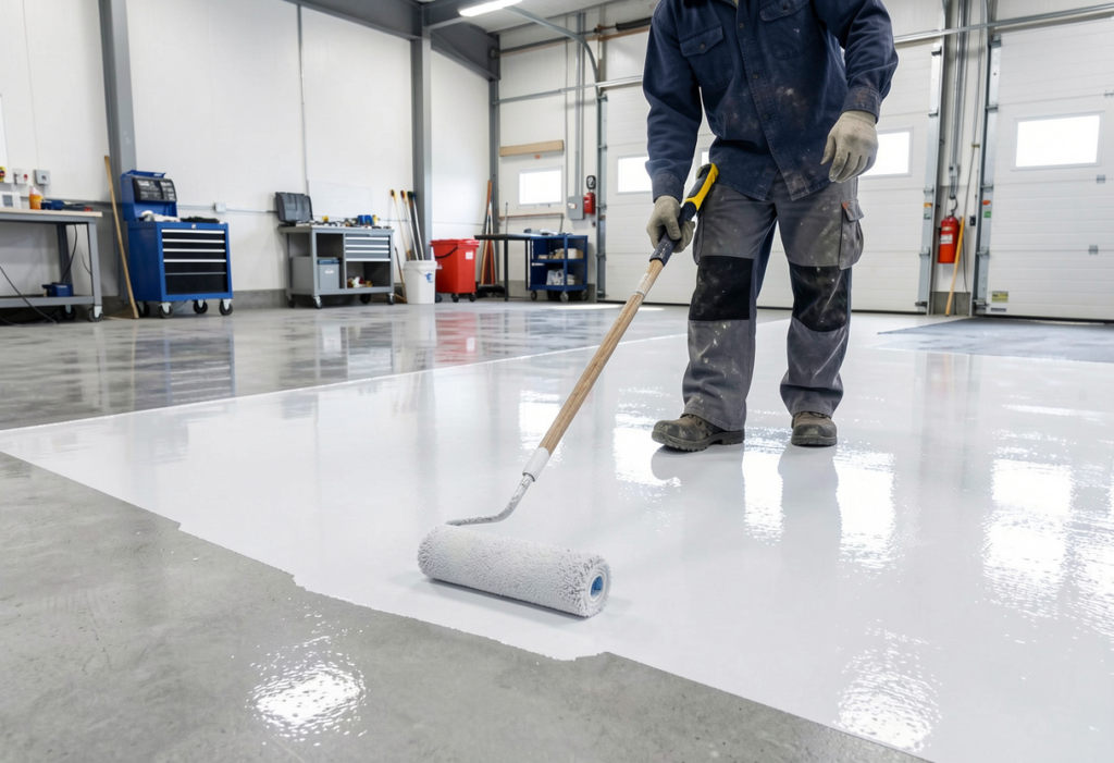 tradesperson in work gear applying a glossy polyaspartic topcoat