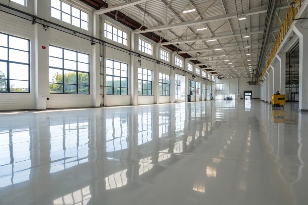 Commercial epoxy floor coating in industrial warehouse near Port Kembla NSW coastal region