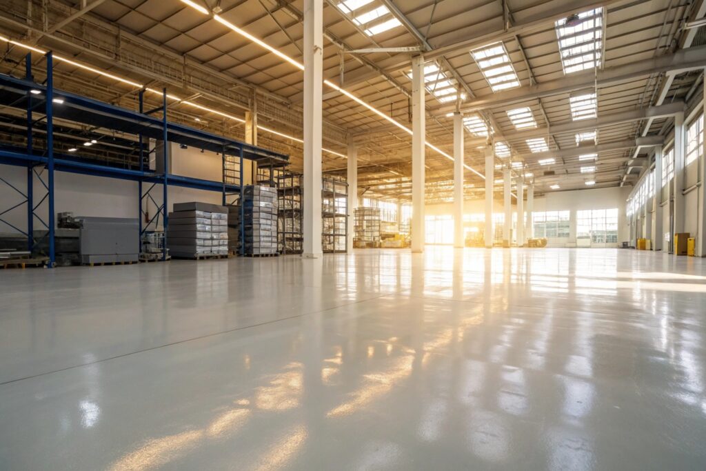 Well-maintained industrial epoxy floor in Wollongong region warehouse facility