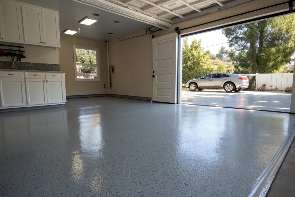 Freshly installed epoxy garage floor in a Berkeley suburban home