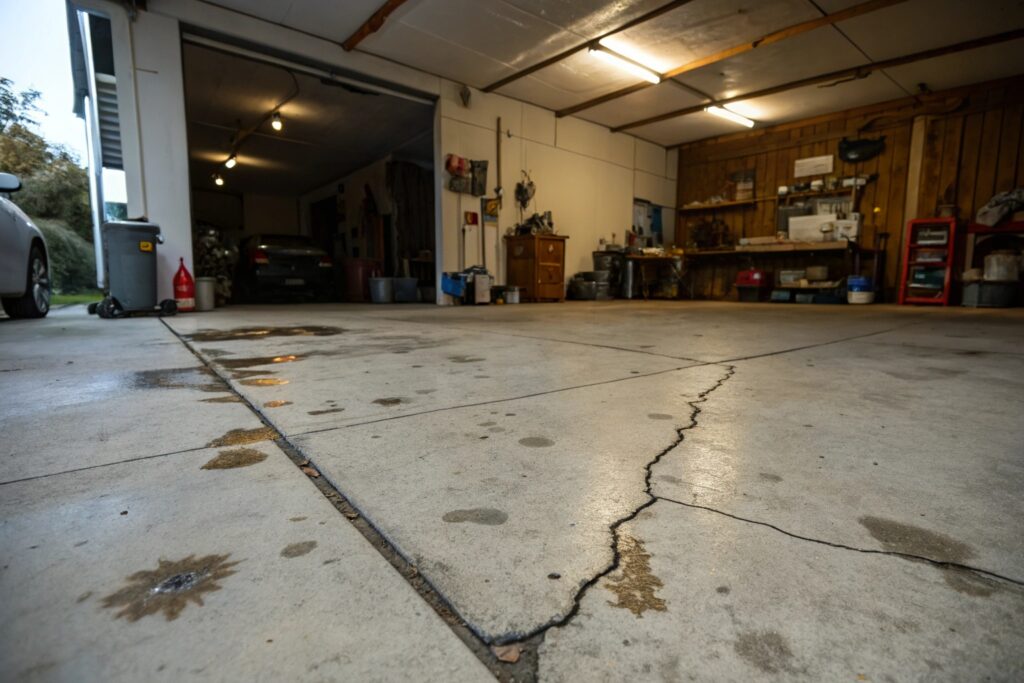 Damaged and stained bare concrete garage floor showing signs of moisture and wear