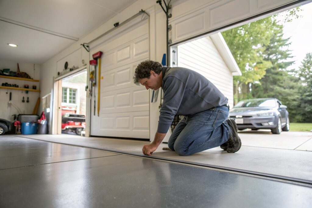 Homeowner inspecting epoxy garage floor for signs of wear near the door threshold