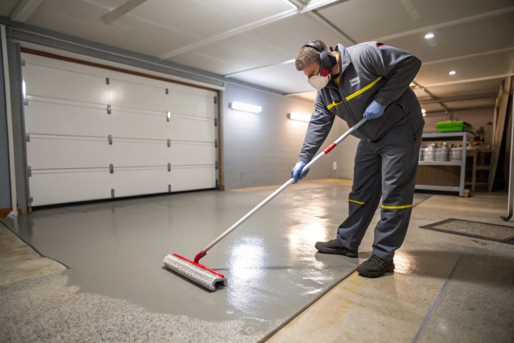 Epoxy flooring installer applying coating to a garage floor in an Australian home