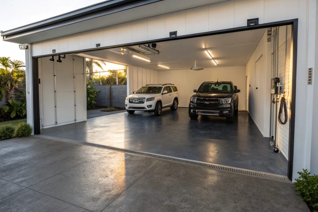 Finished double garage with charcoal epoxy floor and two parked vehicles in a coastal NSW suburb