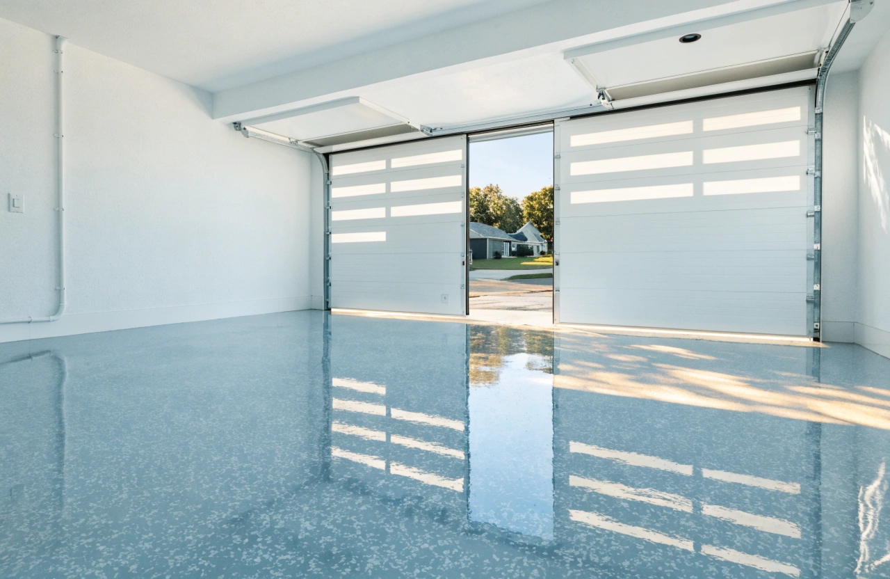 Light grey flake epoxy garage floor coating in a modern Calderwood home