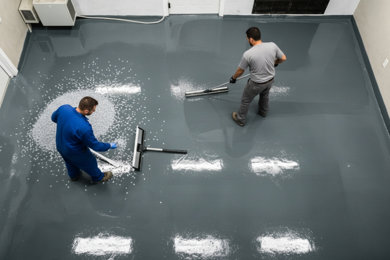 Decorative vinyl flake broadcast across epoxy base coat during garage floor installation