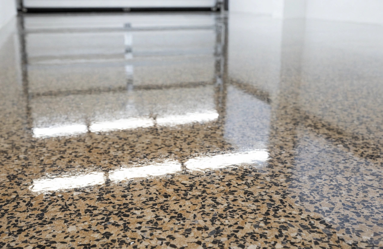 Close-up of polyaspartic epoxy floor finish with vinyl flake broadcast in a Kiama Downs garage