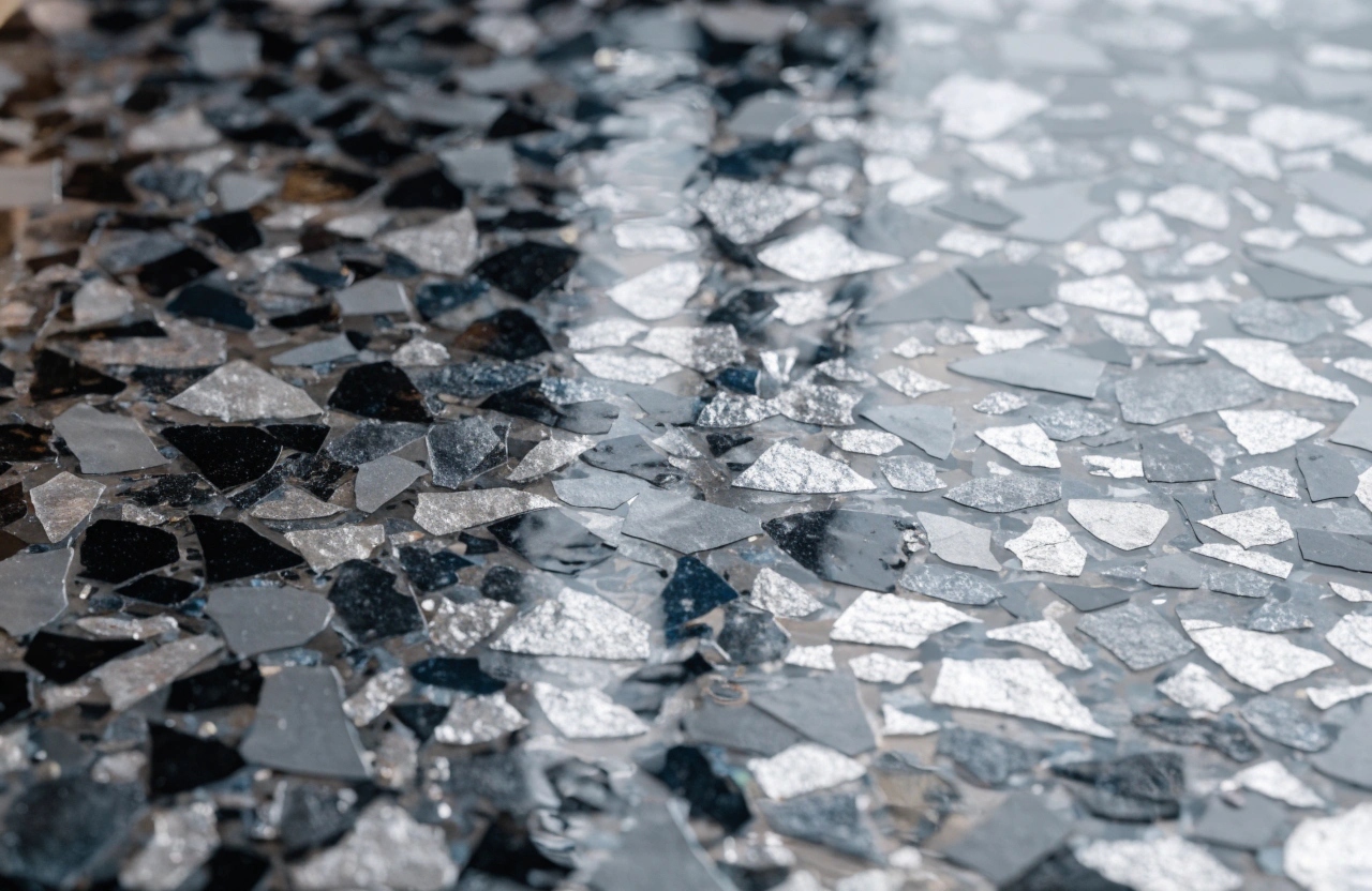 Close-up of decorative flake epoxy floor finish with gloss topcoat seal